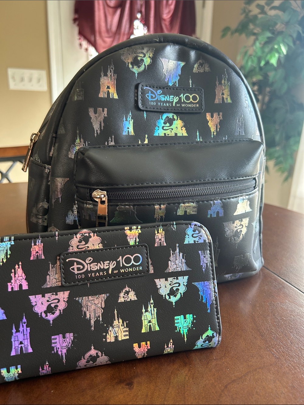 Disney Black Mini Backpack with Iridescent Castle Icons